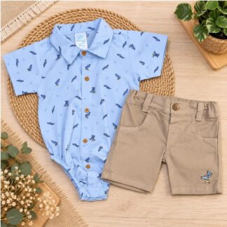 Conjunto Bebé Body Celeste + Bermuda Beige